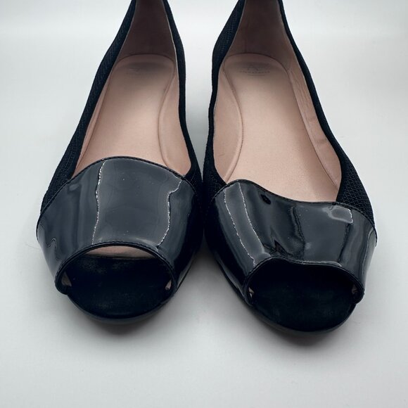 Aquatalia‎ Black Fabric Wedge Heel Flats patent Leather Peep Toe Womens Sz 9 - Picture 4 of 11